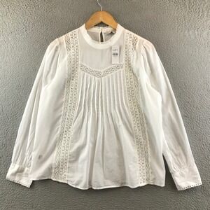 New LOFT White Long Sleeve Blouse Lace Trim Mock Neck Pleated Women's Medium